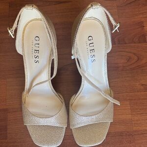 GUESS Gold Glitter Ankle-Strap Heeled Sandals
